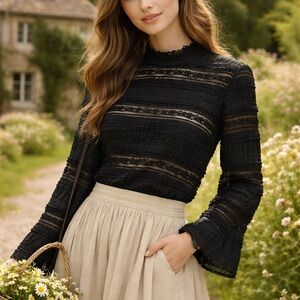 By TiMo Black Lace Blouse Romantic Boho Sheer Textured Top Cottagecore‎ Small